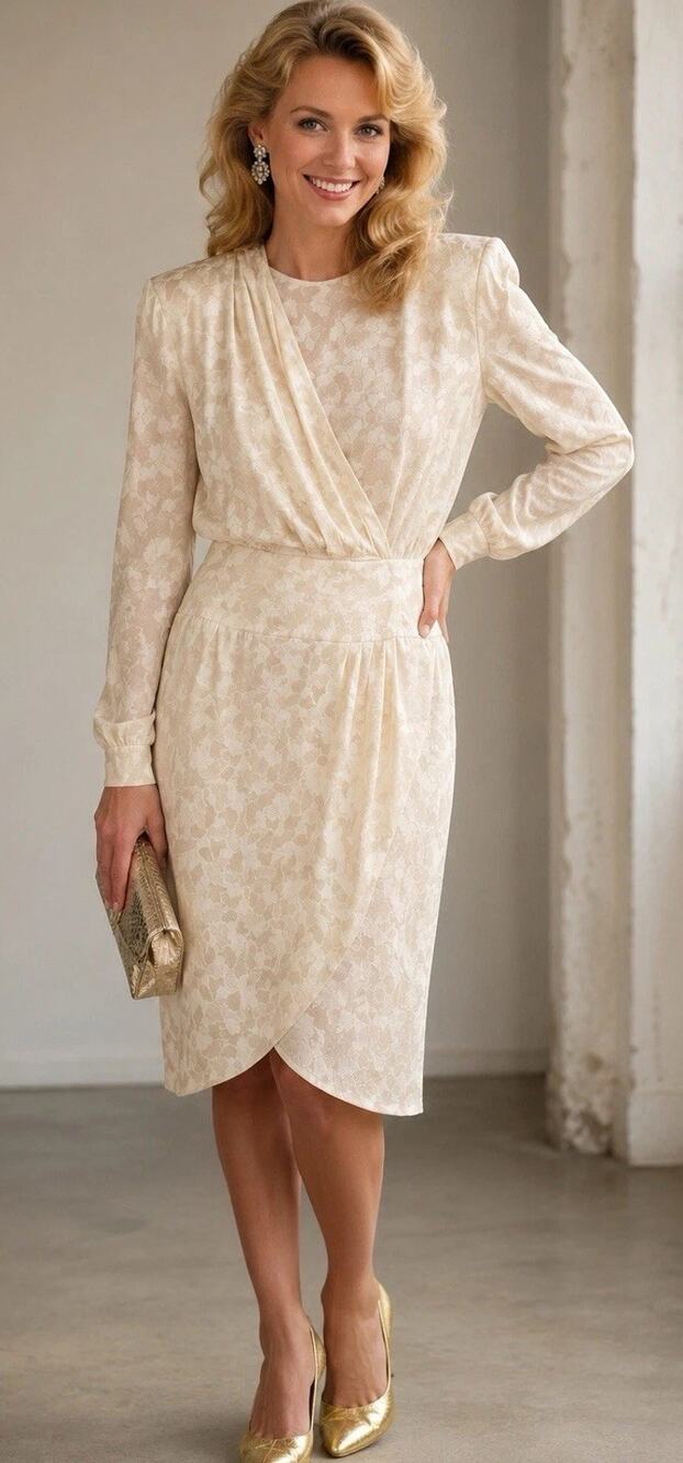 Vintage 80s Liz Claiborne Silk Dress 8 P Pale Yellow Jacquard Floral Faux Wrap - Picture 1 of 16
